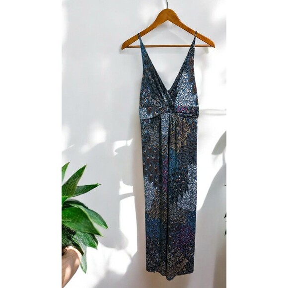 Neesha Dress M/L Boho Strapless Maxi Peacock Feather Print Festival Vacation - Picture 1 of 4